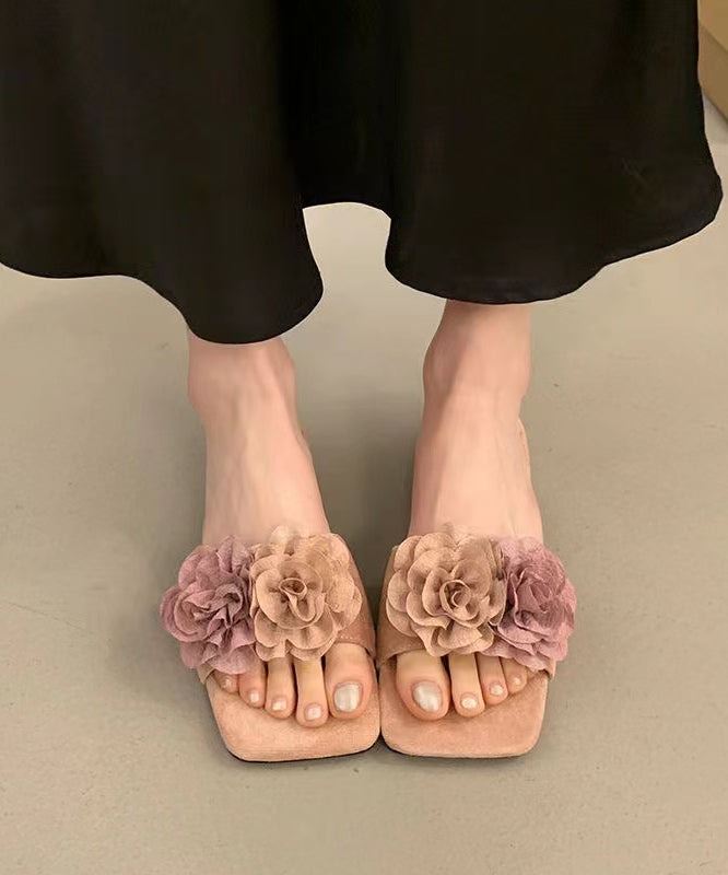 Pink Floral Splicing Slide Sandals Peep Toe