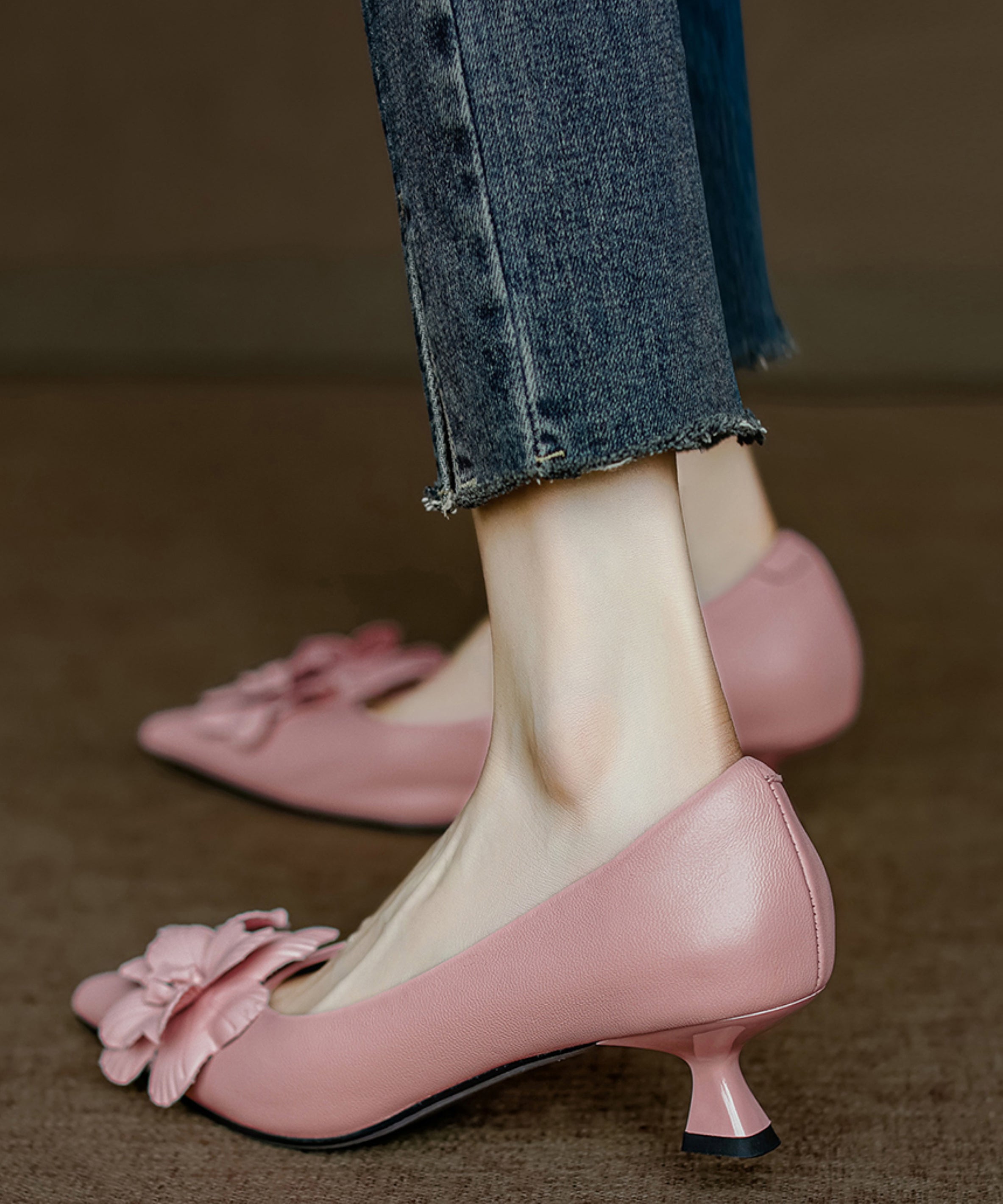 Heel High Toe Sheepskin Pink Pointed Floral Unique Splicing