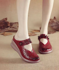 Leather Hollow Wedge Out Sandals Cowhide Slide Splicing Red