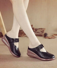 Leather Hollow Wedge Out Sandals Cowhide Slide Splicing Red