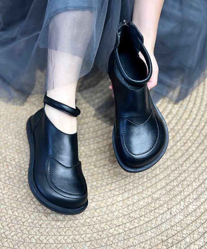 Cowhide Black Splicing Boots Leather Comfy Retro