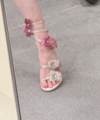 Faux Floral Splicing Zircon Sandals Boutique Stiletto Leather