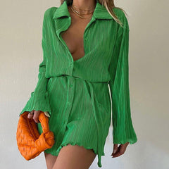 Magical Pleated Button Up Shirt Mini Dress