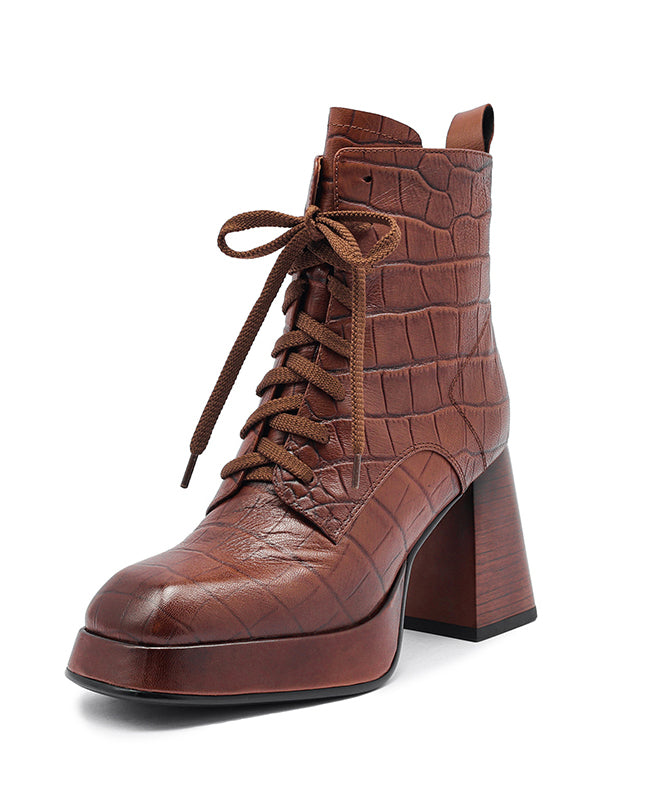 Sheepskin Brown Chunky Heel Boots Splicing Cross Strap