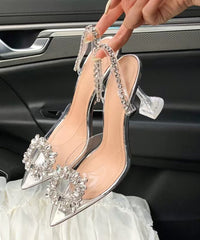 Toe Sandals Unique Heel Silver Pointed High Zircon Clear Splicing