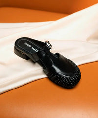 Cowhide Leather Splicing Slide Sandals Silver Out Hollow
