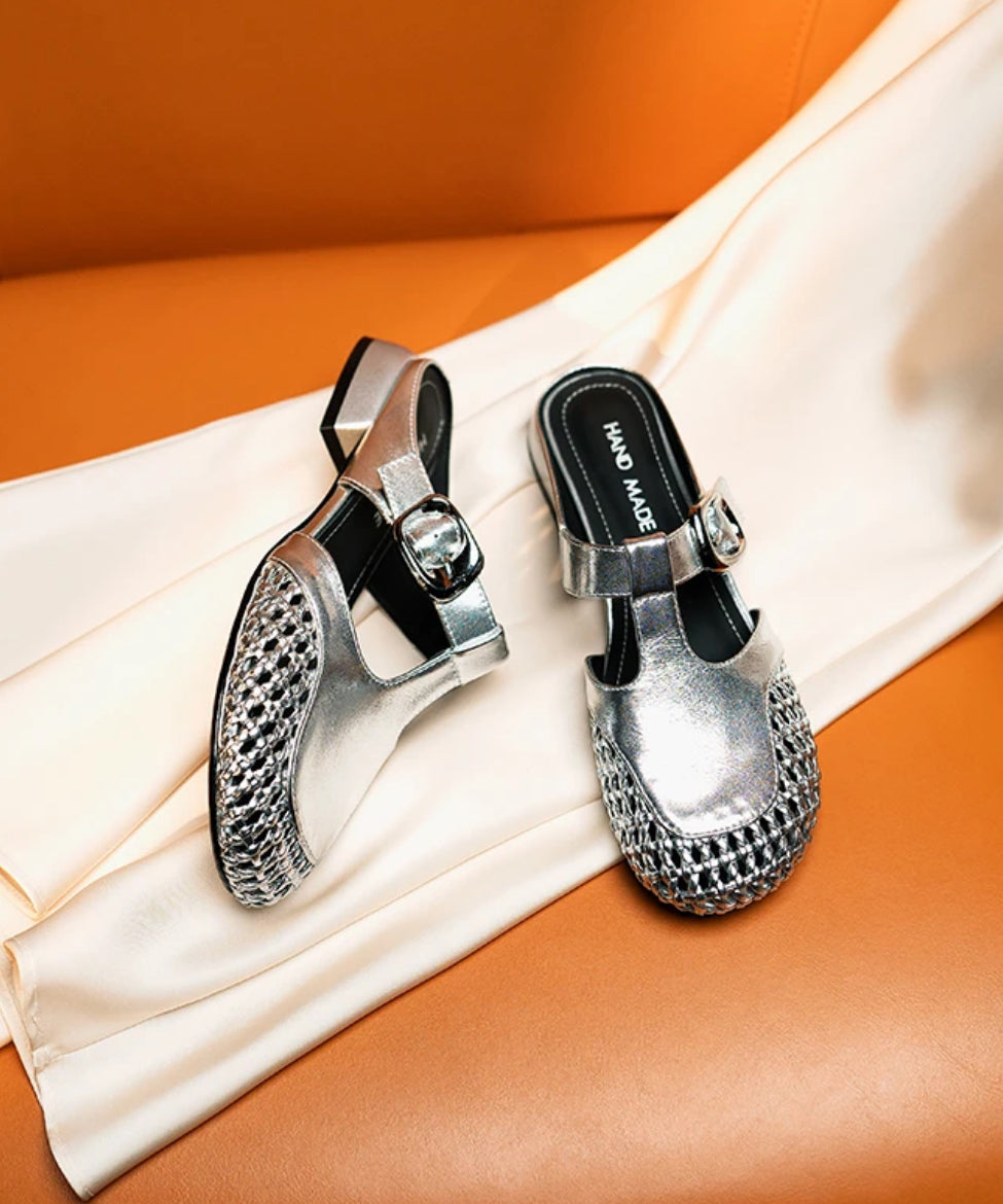 Cowhide Leather Splicing Slide Sandals Silver Out Hollow