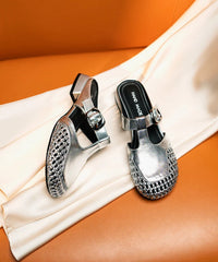 Cowhide Leather Splicing Slide Sandals Silver Out Hollow