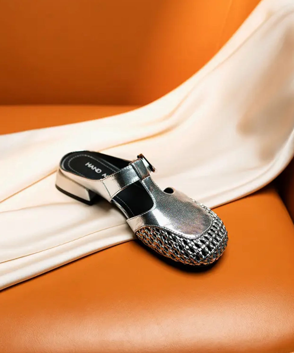 Cowhide Leather Splicing Slide Sandals Silver Out Hollow