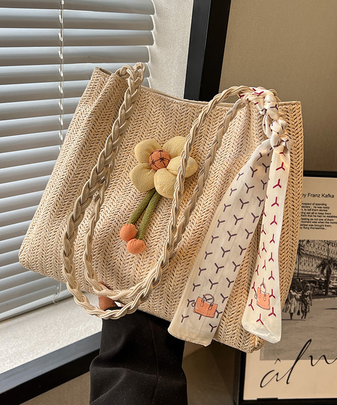 Straw Capacity Shoulder Woven Bag Beige Large Style