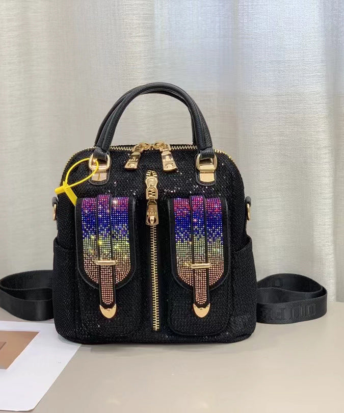 Black Zircon Patchwork Sequin Leather Backpack Bag