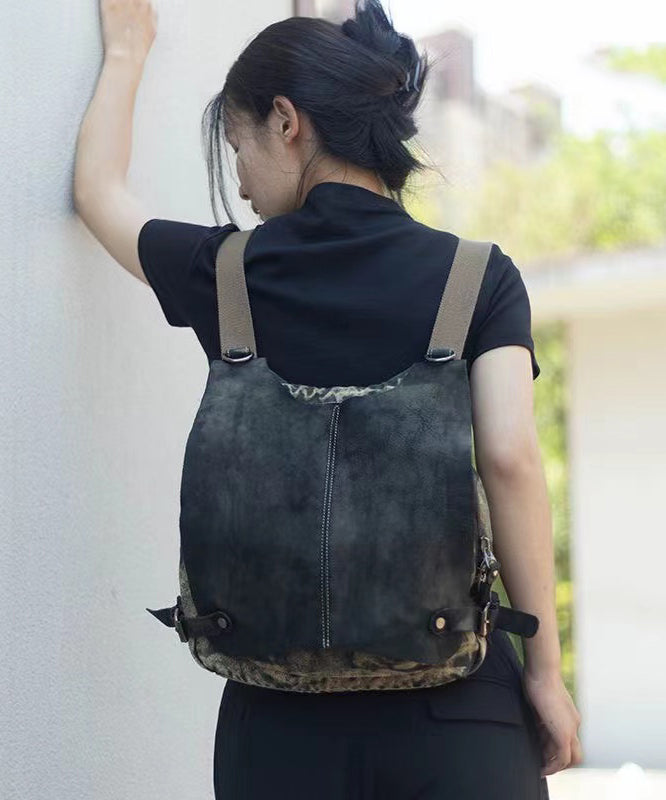 Khaki Calf Leather Patchwork Canvas Backpack Satchel Bag