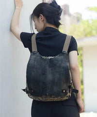 Khaki Calf Leather Patchwork Canvas Backpack Satchel Bag