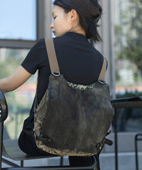 Khaki Calf Leather Patchwork Canvas Backpack Satchel Bag
