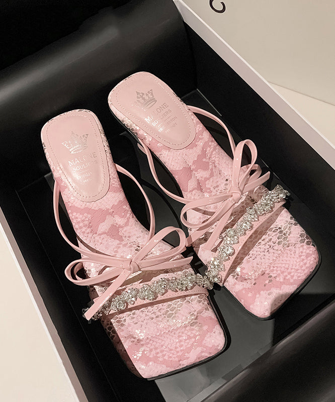 Zircon Bow Slide Stylish Sandals Heels Chunky Pink Splicing