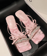 Zircon Bow Slide Stylish Sandals Heels Chunky Pink Splicing