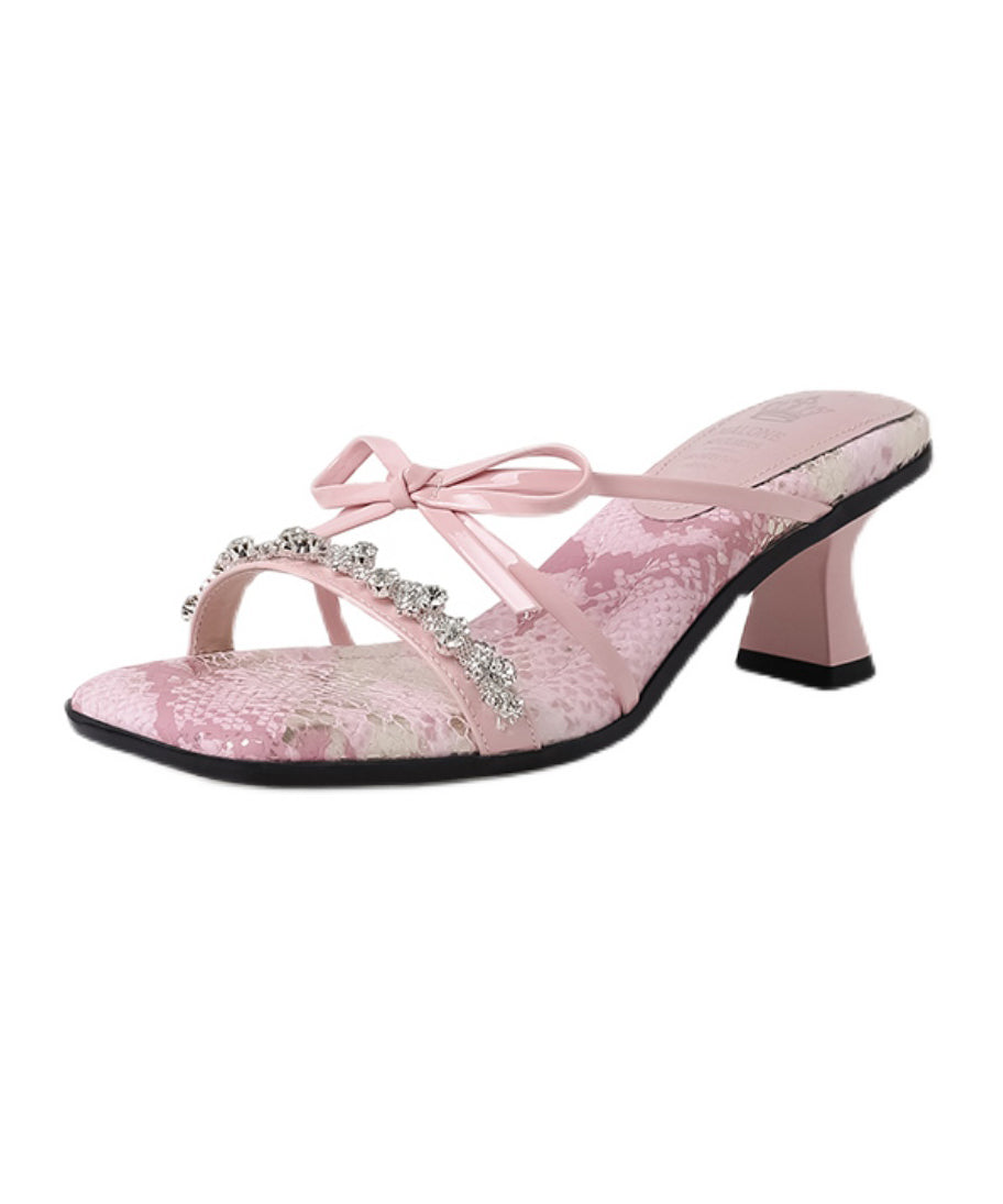 Zircon Bow Slide Stylish Sandals Heels Chunky Pink Splicing