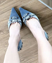 Fabric High Stiletto Heels Stylish Blue Denim Rivet Splicing