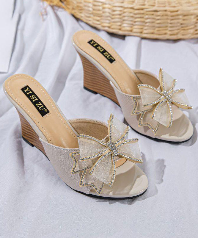 Stylish Peep Heels Sandals Toe Wedge Bow Splicing Black Slide