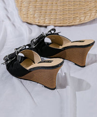 Stylish Peep Heels Sandals Toe Wedge Bow Splicing Black Slide