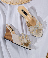Stylish Peep Heels Sandals Toe Wedge Bow Splicing Black Slide