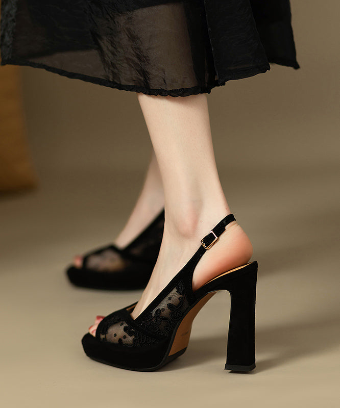 Heels Embroidered High Black Sandals Lace Suede
