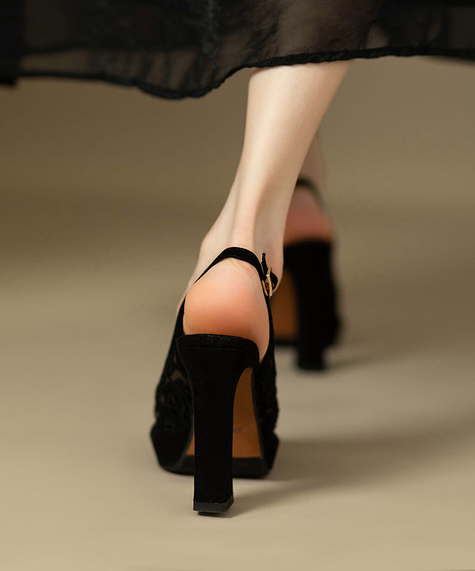 Heels Embroidered High Black Sandals Lace Suede