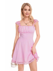 Cute Scalloped Cap Sleeve Square Neck Fit & Flare Mini Summer Sundress - Pink