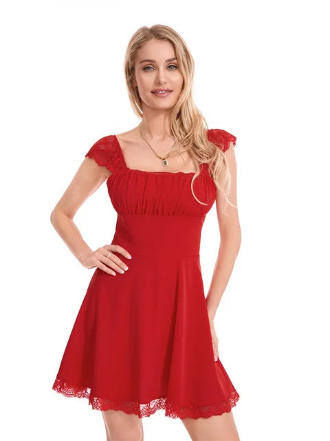 Cute Scalloped Cap Sleeve Square Neck Fit & Flare Mini Summer Sundress - Red