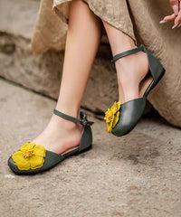 Green Splicing Vintage Sandals Buckle Strap Floral Flat