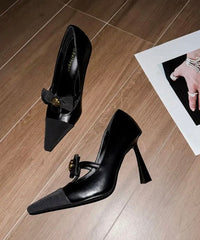 Sequined Black High Splicing Bow Heels Sheepskin