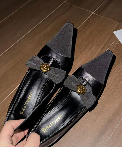 Sequined Black High Splicing Bow Heels Sheepskin