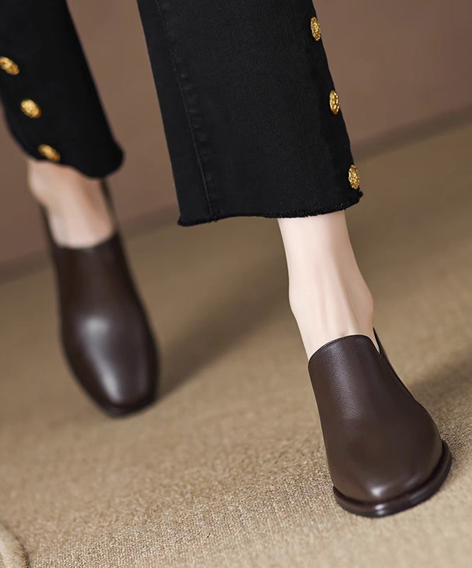 Brown Cowhide Leather Chunky Heel Penny Loafers
