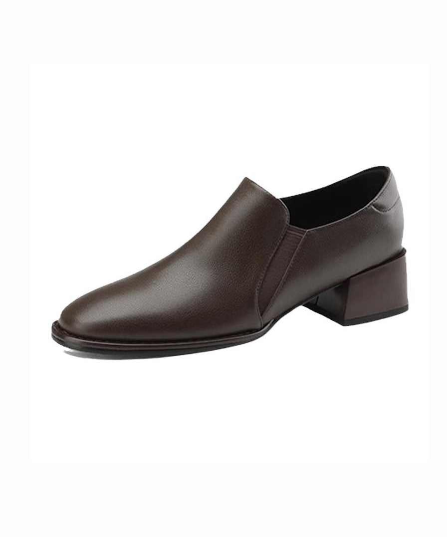 Brown Cowhide Leather Chunky Heel Penny Loafers