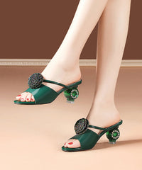 Crystal Chunky Heel Beige Slide Sandals Peep Toe