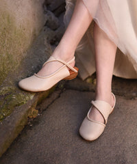 Leather Water Out Beige Cowhide Sandals Hollow