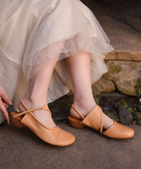 Leather Water Out Beige Cowhide Sandals Hollow