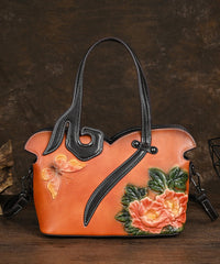 Leather Coffee Handbag Embossed Calf Tote Retro