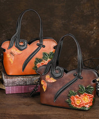 Leather Coffee Handbag Embossed Calf Tote Retro