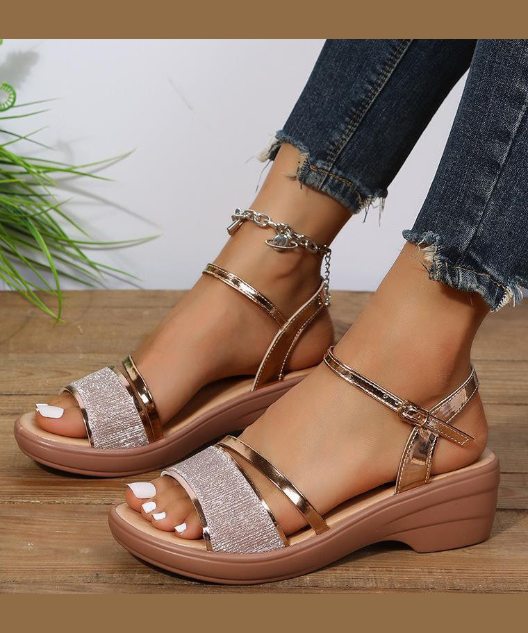 Silver Wedge Heels Sandals Peep Toe Buckle Strap
