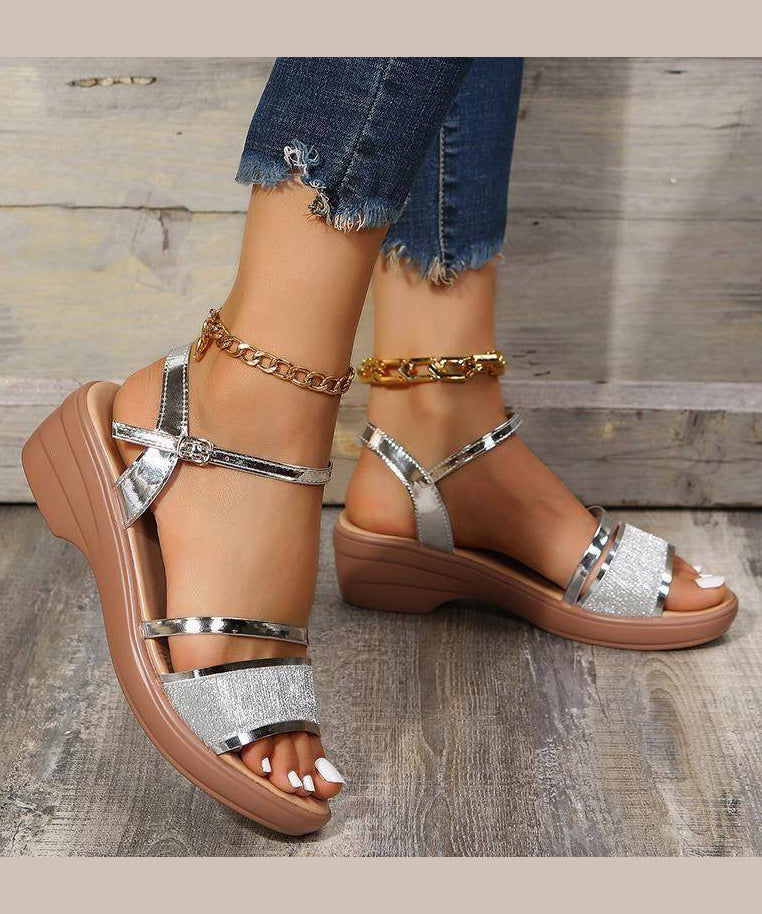Silver Wedge Heels Sandals Peep Toe Buckle Strap