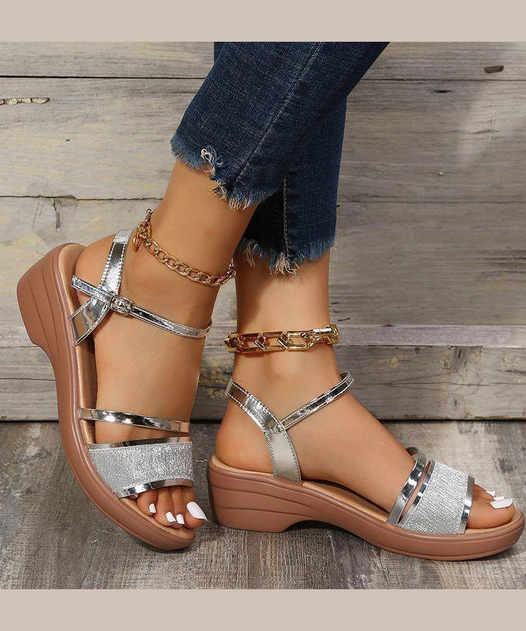 Silver Wedge Heels Sandals Peep Toe Buckle Strap
