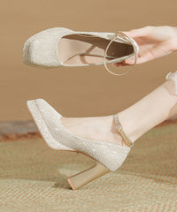 Leather Heels Champagne Splicing High Faux Chunky