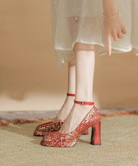 Leather Heels Champagne Splicing High Faux Chunky