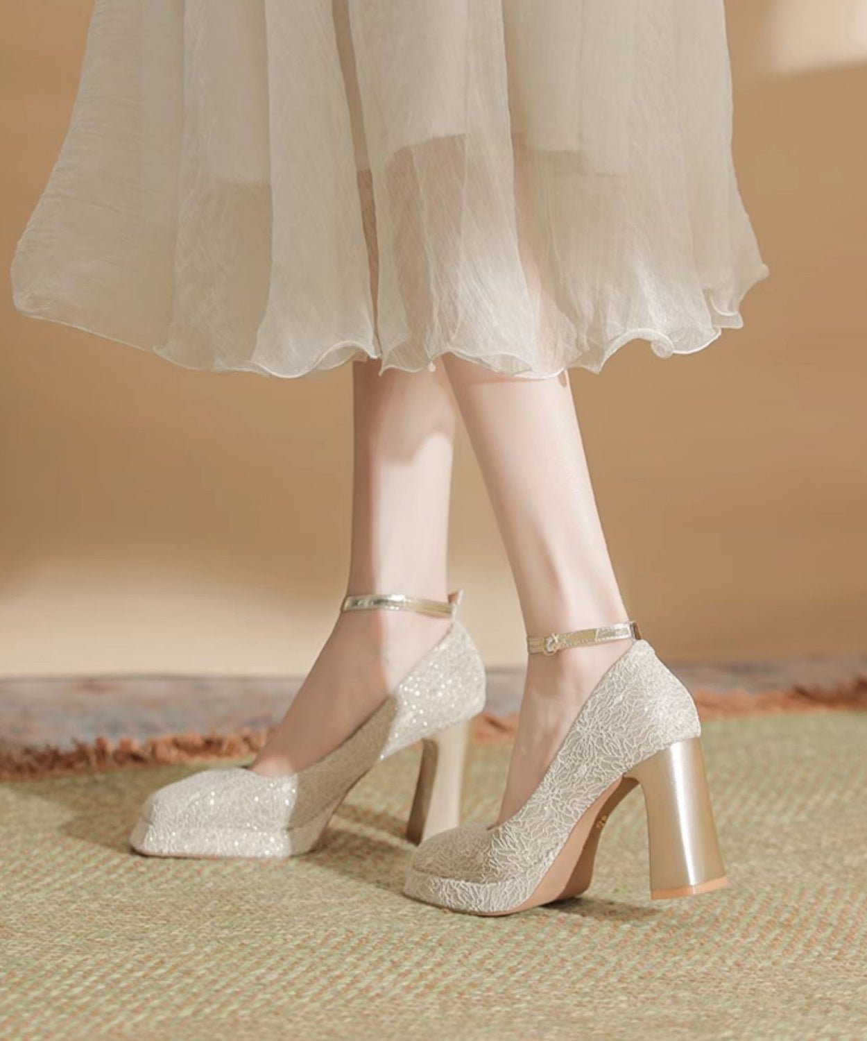 Leather Heels Champagne Splicing High Faux Chunky