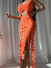 CERA Appliqué Fringe Maxi Dress in Orange