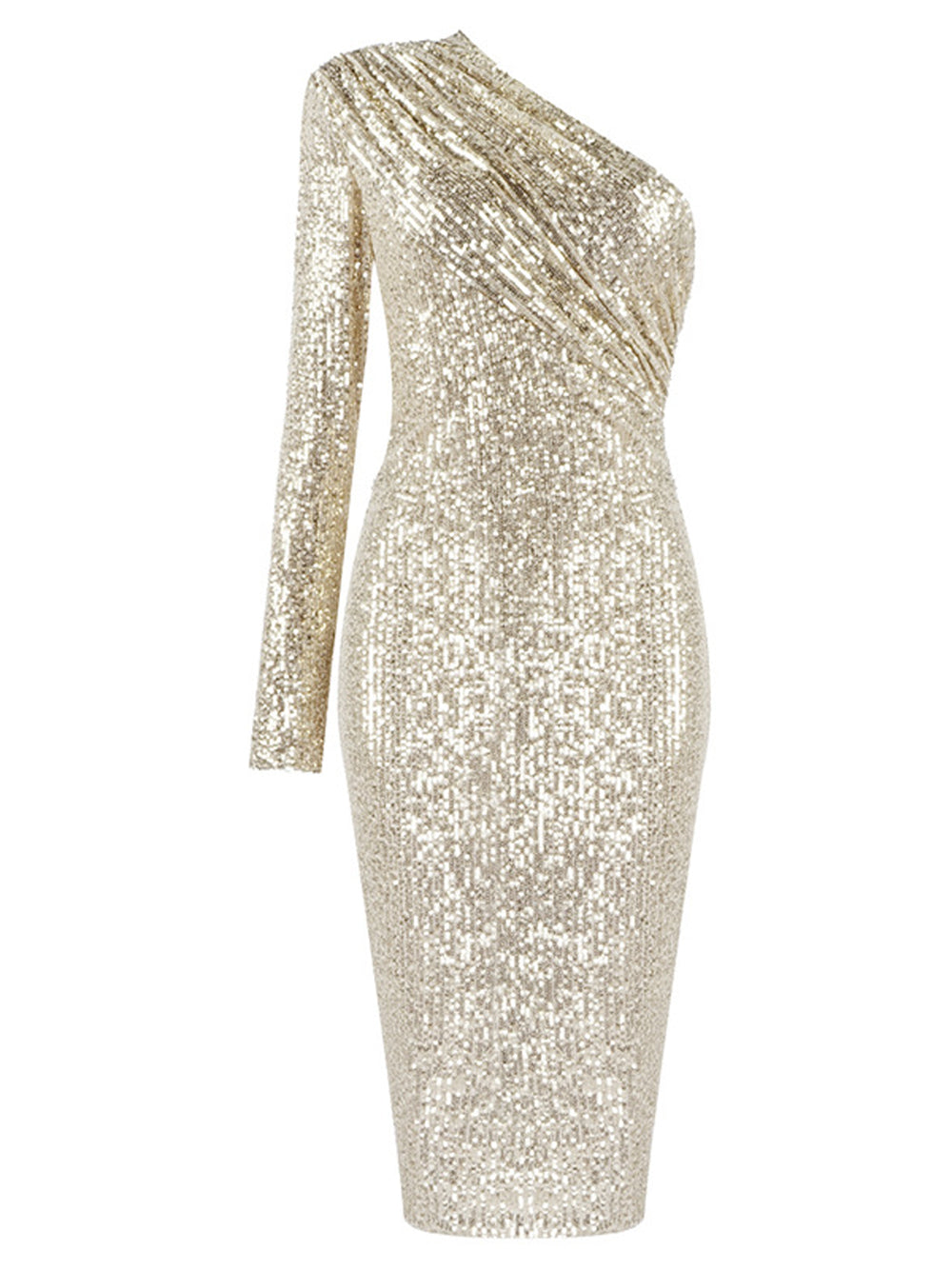 ETELLE Sequins One Shoulder Midi Dress in Gold