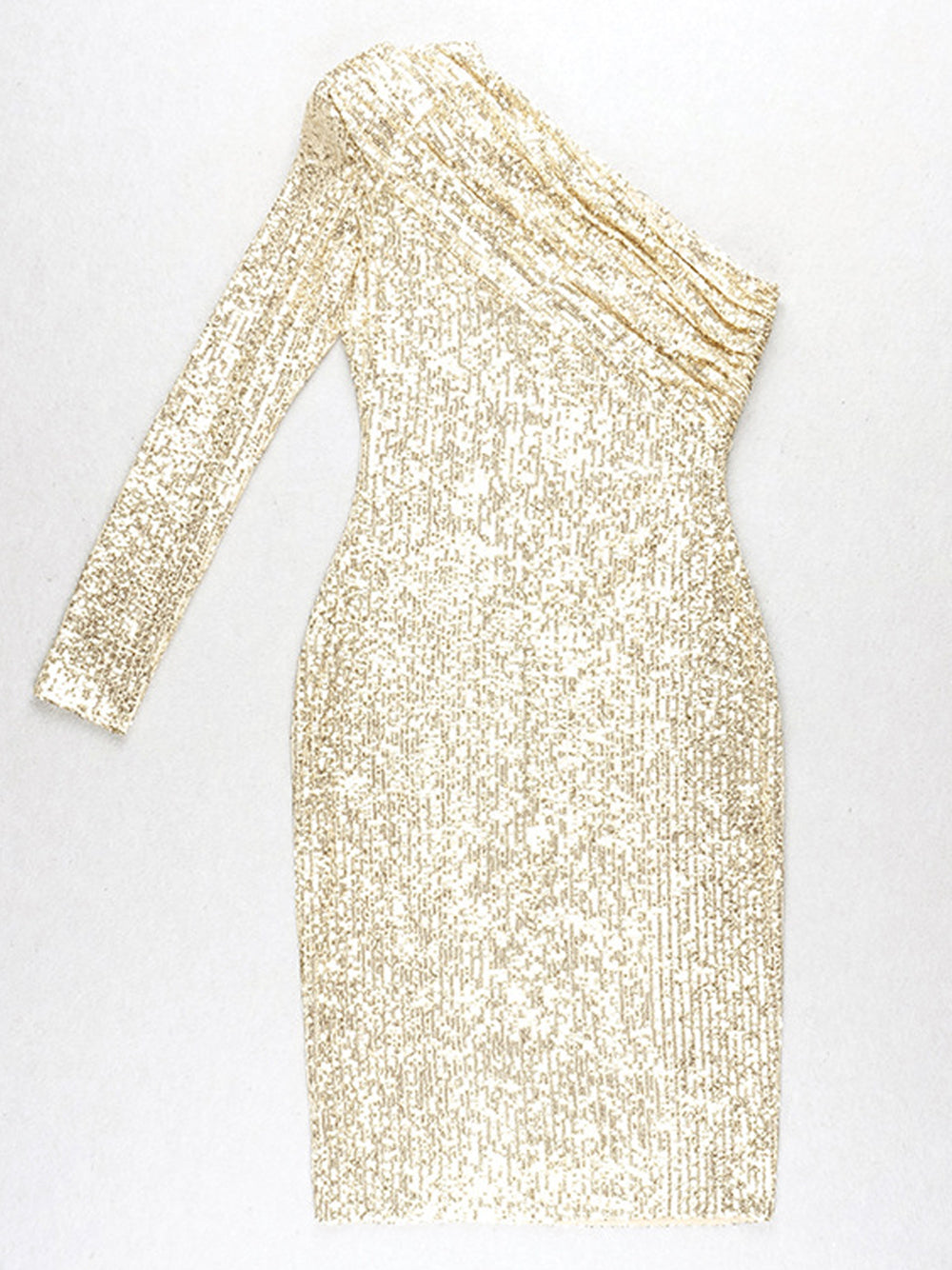 Vestido midi dorado con lentejuelas y un solo hombro de ETELLE