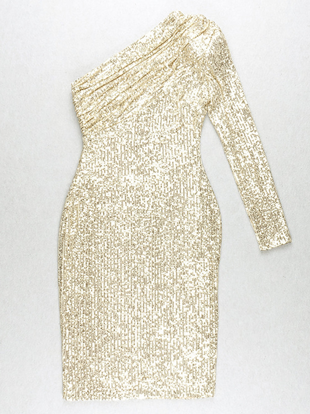 Vestido midi dorado con lentejuelas y un solo hombro de ETELLE