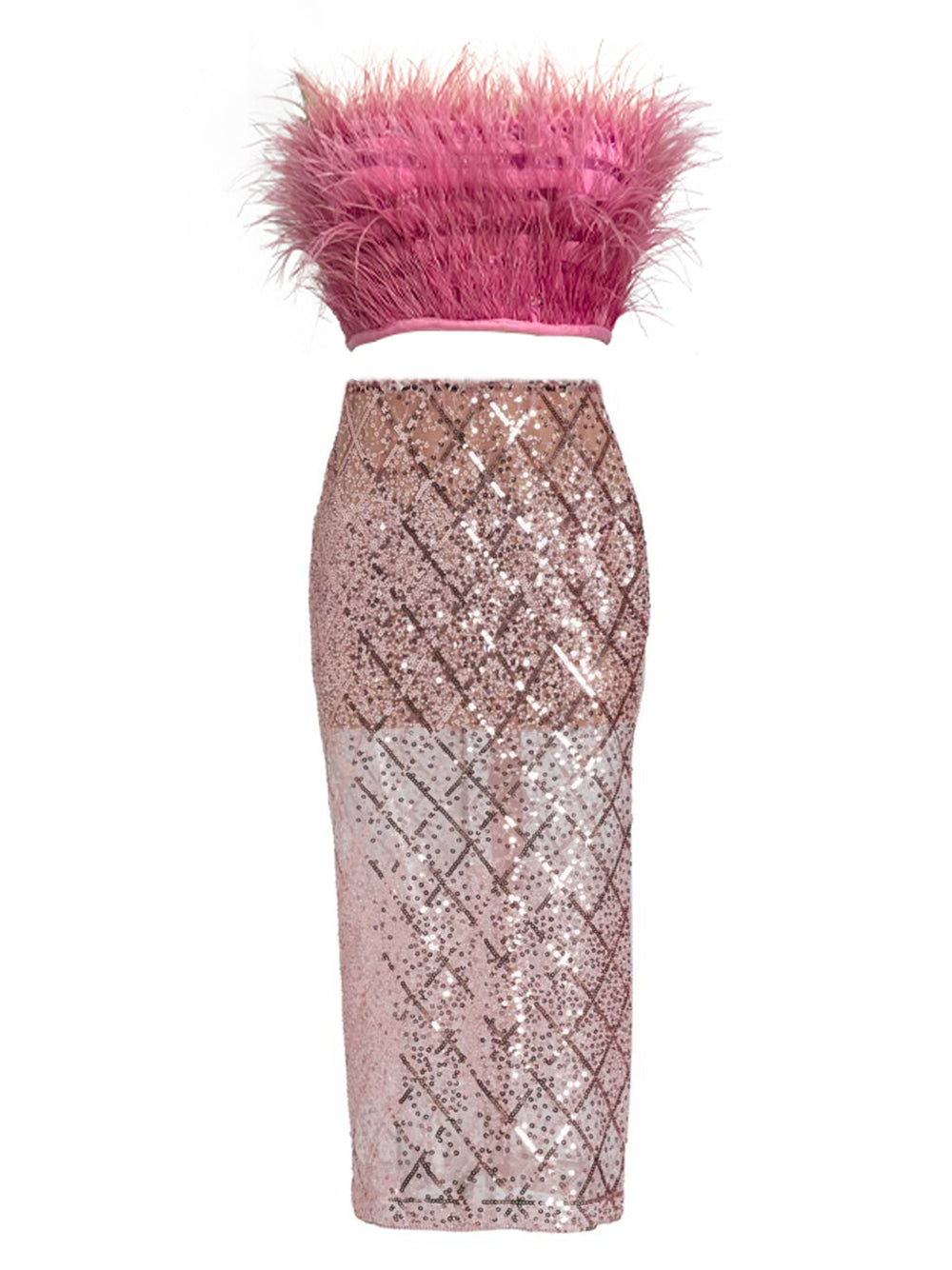 MAGLINA Feather Top & Sequins Skirt Set in Pink